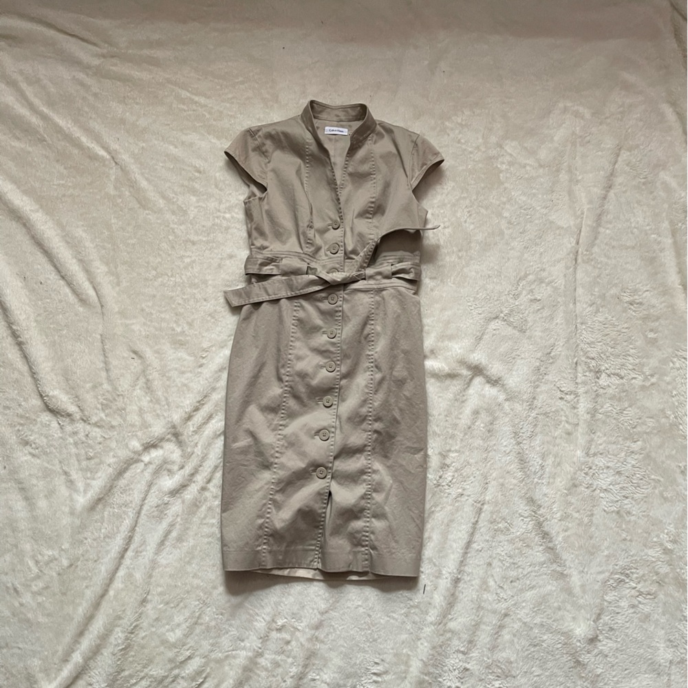 Calvin Klein Khaki Button-Front Belted Shirt Dress